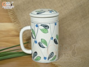 Bộ cốc sứ lọc trà men bóng vẽ lá, 300ml