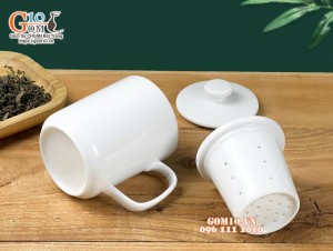Cốc sứ lọc trà dáng quai vuông men trắng, 400ml