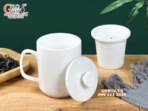 Cốc sứ lọc trà dáng quai vuông men trắng, 400ml