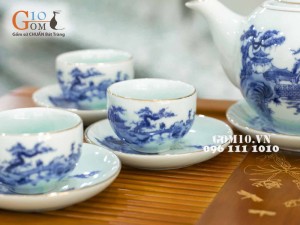 Bộ dáng bưởi men lam cổ, cảnh sơn thủy kẻ chỉ vàng kim