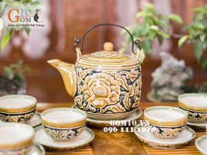 Bộ dáng vại khắc nổi hoa phù dung, đầy đủ phụ kiện
