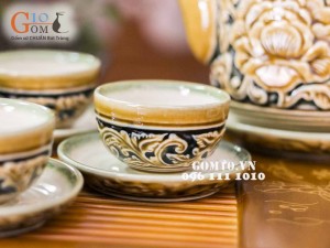 Bộ dáng vại khắc nổi hoa phù dung, đầy đủ phụ kiện