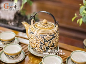 Bộ dáng vại khắc nổi hoa phù dung, đầy đủ phụ kiện