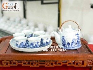 Bộ dáng vuốt men lam cổ, cảnh Trúc lâm thất hiền, vẽ vàng, khay tròn