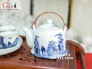 Bộ dáng vuốt men lam cổ, cảnh Trúc lâm thất hiền, vẽ vàng, khay tròn