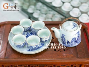 Bộ dáng vuốt men lam cổ, cảnh Trúc lâm thất hiền, vẽ vàng, khay tròn