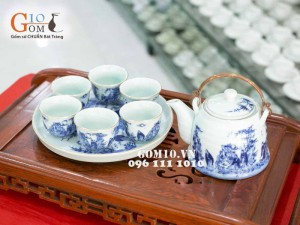 Bộ dáng vuốt men lam cổ, cảnh Trúc lâm thất hiền, vẽ vàng, khay tròn