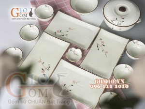 Bộ đĩa chữ nhật men kem vẽ hoa Đào phai