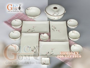 Bộ đĩa chữ nhật men kem vẽ hoa Đào phai
