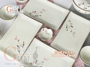 Bộ đĩa chữ nhật men kem vẽ hoa Đào phai