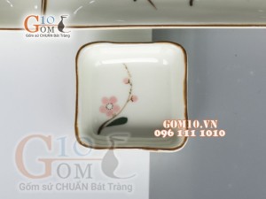 Bộ đĩa chữ nhật men kem vẽ hoa Đào phai