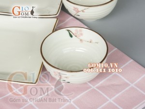 Bộ đĩa chữ nhật men kem vẽ hoa Đào phai