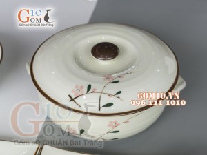 Bộ đĩa chữ nhật men kem vẽ hoa Đào phai