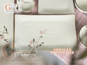 Bộ đĩa chữ nhật men kem vẽ hoa Đào phai