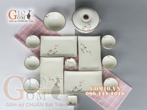 Bộ đĩa chữ nhật men kem vẽ hoa Đào phai