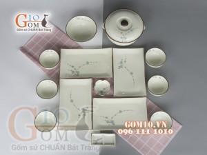 Bộ đĩa chữ nhật men kem vẽ Đào Xanh