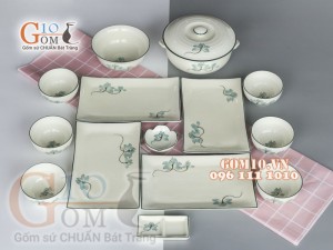 Bộ đĩa chữ nhật men kem vẽ Sen Xanh