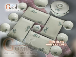 Bộ đĩa chữ nhật men kem vẽ Sen Xanh