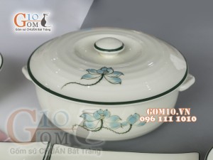 Bộ đĩa chữ nhật men kem vẽ Sen Xanh