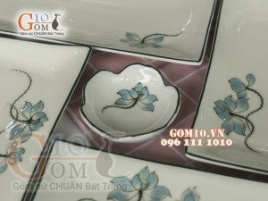 Bộ đĩa chữ nhật men kem vẽ Sen Xanh