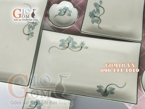 Bộ đĩa chữ nhật men kem vẽ Sen Xanh