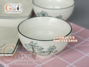 Bộ đĩa chữ nhật men kem vẽ Sen Xanh