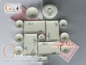 Bộ đĩa chữ nhật men kem vẽ Sen Xanh