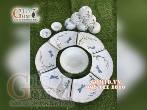 Bộ đĩa Cuốn Thư men kem vẽ Trúc Chuồn