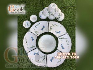 Bộ đĩa Cuốn Thư men kem vẽ Trúc Chuồn