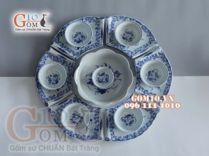 Bộ đĩa hoa mặt trời dáng cuốn thư men lam cổ vẽ sen dây