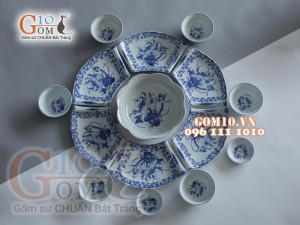 Bộ đĩa hoa mặt trời dáng cuốn thư men lam cổ vẽ sen dây