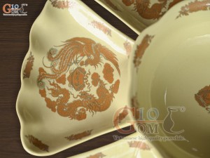 Bộ đĩa hoa mặt trời họa tiết Rồng Phúc Lộc Thọ vàng kim 7 chi tiết, đường kính 40cm