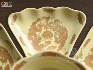 Bộ đĩa hoa mặt trời họa tiết Rồng Phúc Lộc Thọ vàng kim 7 chi tiết, đường kính 40cm