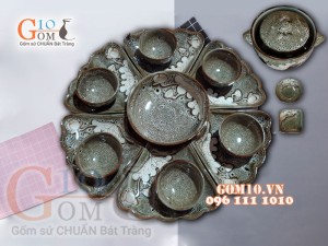 Bộ đĩa hoa mặt trời men hỏa biến gấm vàng khắc sen, đầy đủ