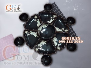 Bộ đĩa hoa mặt trời men hỏa biến khắc sen