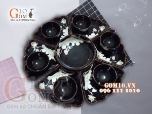 Bộ đĩa hoa mặt trời men hỏa biến khắc sen