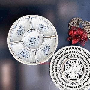 Bộ đĩa sứ khay mây vẽ sen nhuỵ tràm, đường kính 30cm