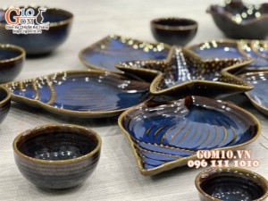 Bộ đĩa Thế Giới Đại Dương men hỏa biến xanh đá, đầy đủ chi tiết
