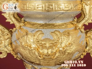 Bộ đỉnh hạc chân đồng men rạn đắp nổi dát vàng 24k, cao 54cm