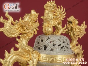 Bộ đỉnh hạc chân đồng men rạn đắp nổi dát vàng 24k, cao 54cm