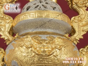 Bộ đỉnh hạc chân đồng men rạn đắp nổi dát vàng 24k, cao 54cm