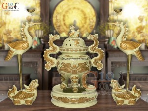 Bộ đỉnh hạc họa tiết Rồng Phúc Lộc Thọ vàng kim, cao 60cm