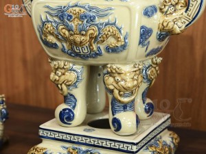 Bộ đỉnh hạc men hoàng tộc đắp nổi Rồng Phúc Mãn, cao 52cm
