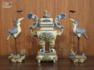 Bộ đỉnh hạc men hoàng tộc đắp nổi Rồng Phúc Mãn, cao 65cm