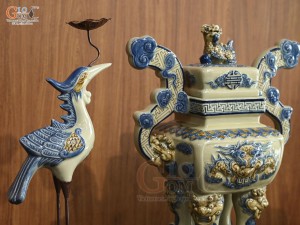Bộ đỉnh hạc men hoàng tộc đắp nổi Rồng Phúc Mãn, cao 52cm