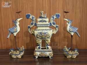 Bộ đỉnh hạc men hoàng tộc đắp nổi Rồng Phúc Mãn, cao 52cm