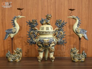 Bộ đỉnh hạc men hoàng tộc, đỉnh cao 45cm, hạc cao 54cm