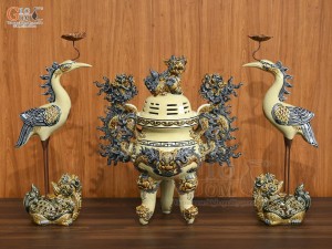 Bộ đỉnh hạc men hoàng tộc, đỉnh cao 45cm, hạc cao 54cm