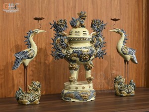 Bộ đỉnh hạc men hoàng tộc, đỉnh cao 60cm, hạc cao 56cm (Cả Chân Kê)