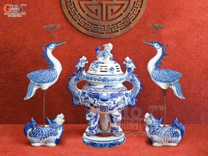 Bộ đỉnh hạc men lam cao 50cm ( cả chân kê)